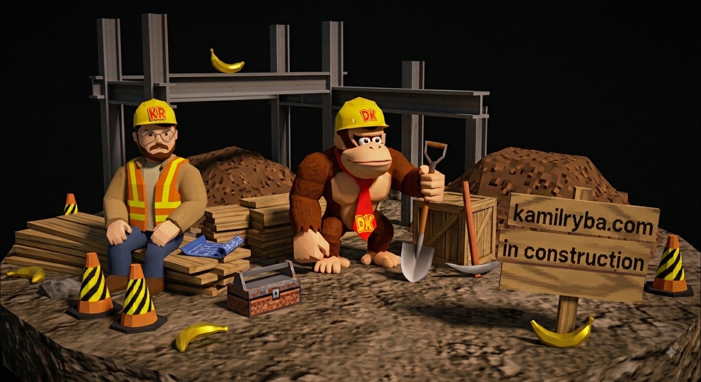 Plac budowy: Kamil w kasku z napisem KR i Donkey Kong w kasku DK, obok drewniana tablica z napisem „kamilryba.com in construction”.